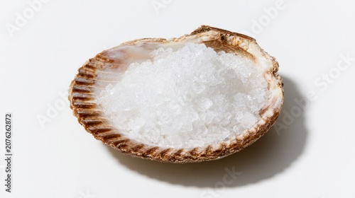 Ocean salt rests in a shell on a white backdrop.