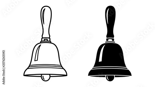 Foto Bell Silhouettes: A clear illustration showcasing a handbell in two contrasting styles - a crisp outline and a solid black silhouette, representing classic communication or alert