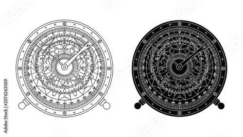Photography Ornate Astrolabe Illustrations: Two detailed illustrations of an astrolabe, one in black and white outline and the other in dark silhouette, showcase the intricate celestial navigation instrument