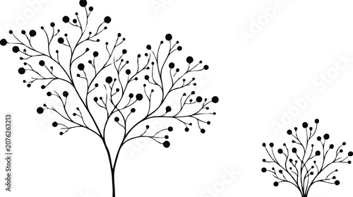 Minimalist abstract berry bushes line art drawing with dot fruits