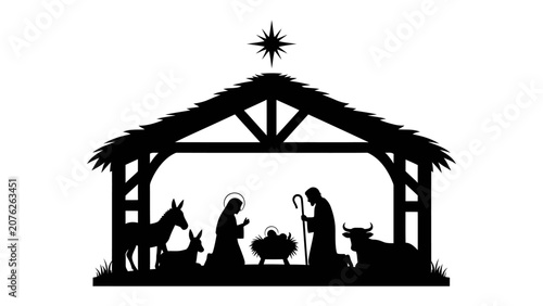 Konstfotografi Nativity Scene Silhouette: A black silhouette of the traditional nativity scene, featuring Mary, Joseph, baby Jesus in a manger, and farm animals under a starlit sky