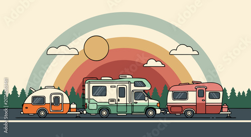 Retro camping travel vector illustration design featuring a caravan road trip adventure with a scenic landscape and sunset background 42