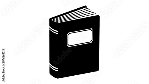 Photos Classic Hardcover Book: A simple, black hardcover book stands open, revealing its crisp pages, with a blank label on the cover ready for personalization
