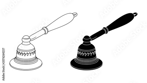 Tableau sur toile Bell Ringer Duo: A crisp, minimalist illustration showcasing two identical handbells, one rendered in outline and the other in solid black, perfect for design elements or communication symbols