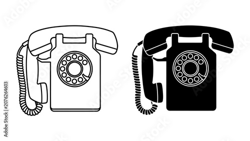 Canvastavla Vintage Rotary Phone Icons: A set of classic rotary telephone icons, presented in both black and white line art and solid black silhouette, representing communication from a bygone era