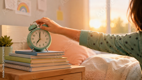Hand reaching for an alarm clock on top of stacked school books