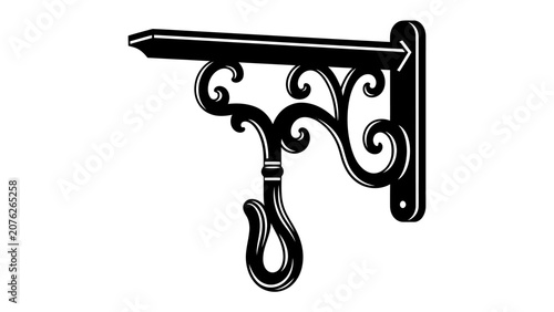 Foto Wrought Iron Bracket: An ornate wrought iron bracket, designed for hanging signs or plants, showcases intricate scrollwork and a sturdy hook, embodying classic craftsmanship
