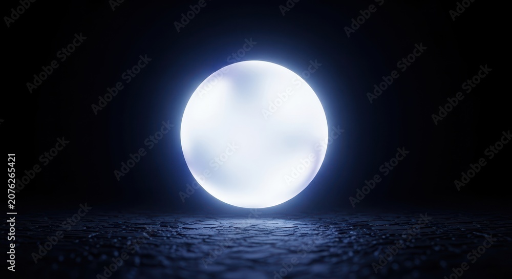Obraz premium A bright luminous sphere floats above a textured surface in darkness, representing a moment of creative thought and invention, motivation, idea, shadow