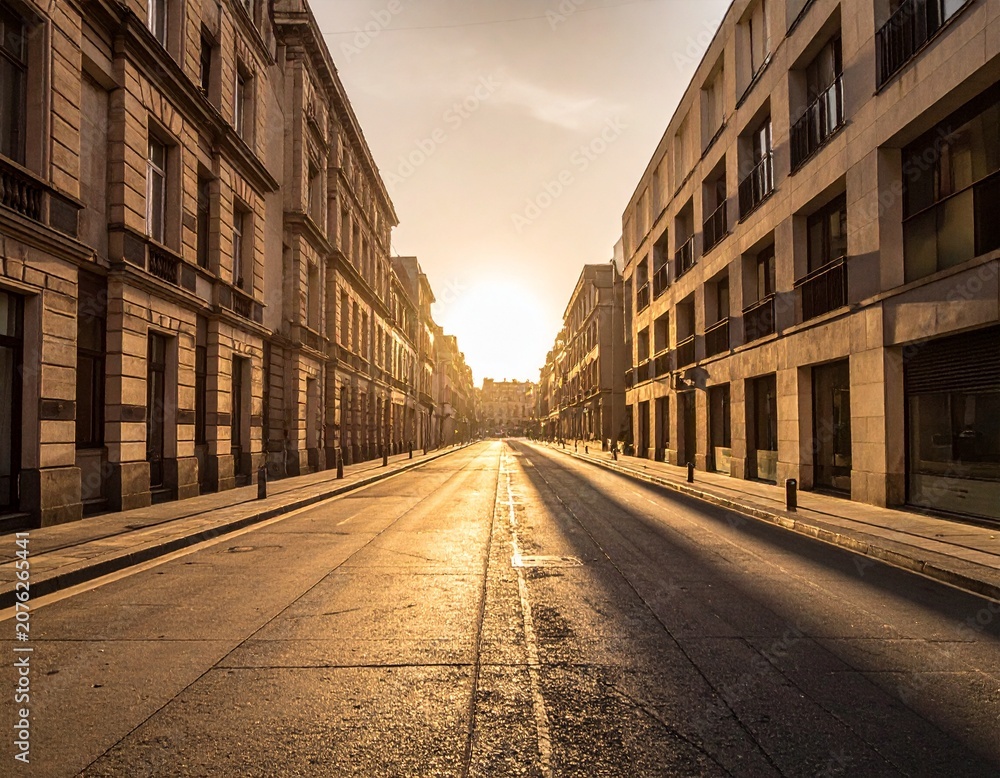 Fototapeta premium Empty urban street at golden hour with long shadows and geometric building facades warm tones
