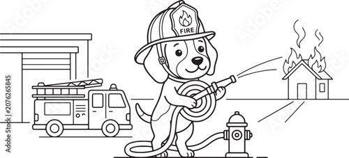 Foto Cute puppy firefighter holding a water hose to extinguish a burning house