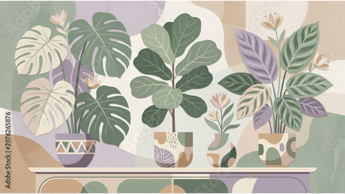 Pastel boho illustration of potted houseplants including monstera and fiddle leaf fig on a shelf against an abstract background
