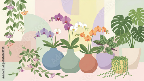 A vibrant and diverse collection of potted plants, featuring orchids and other houseplants, arranged against a soft, abstract, pastel-colored background