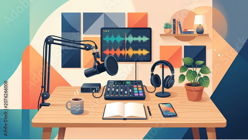 Modern Home Podcast Studio Setup with Microphone, Mixer, and Headphones for Digital Content Creation and Audio Recording