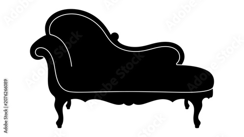 Fotografie Elegant Chaise Lounge Silhouette: A striking black silhouette of an ornate chaise lounge, featuring curved lines and decorative legs, evokes a sense of classic style and refined comfort