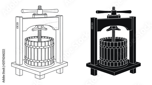 Obraz na płótnie Wine Press Illustration: A detailed illustration of a traditional wine press, shown in both line art and silhouette, depicts its robust wooden barrel and screw mechanism for extracting juice