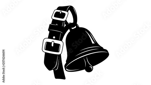 Tablou pe pânză Cowbell Icon: A stylized, black cowbell is depicted hanging from a sturdy leather strap with buckles, suggesting a rural or musical theme