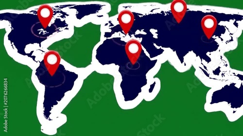 World map illustration with red location pin markers.