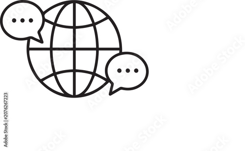 Global communication concept featuring minimalist line art globe with speech bubbles representing international translation and social network.
