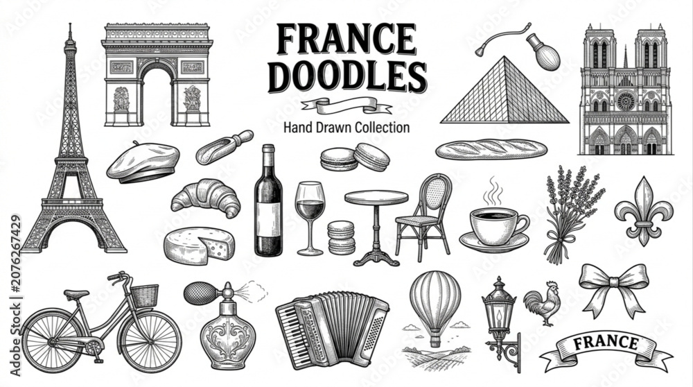 Obraz premium Hand Drawn Sketch Illustrations of Iconic French Cultural Symbols and Landmarks