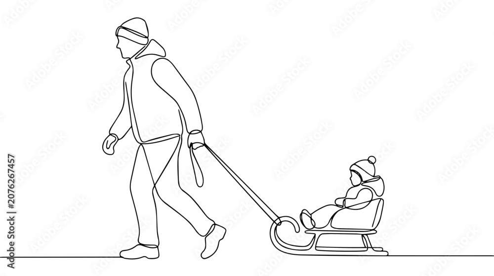 Obraz premium Continuous one line drawing of a father pulling a child on a sled. Winter family fun and outdoor activity vector illustration