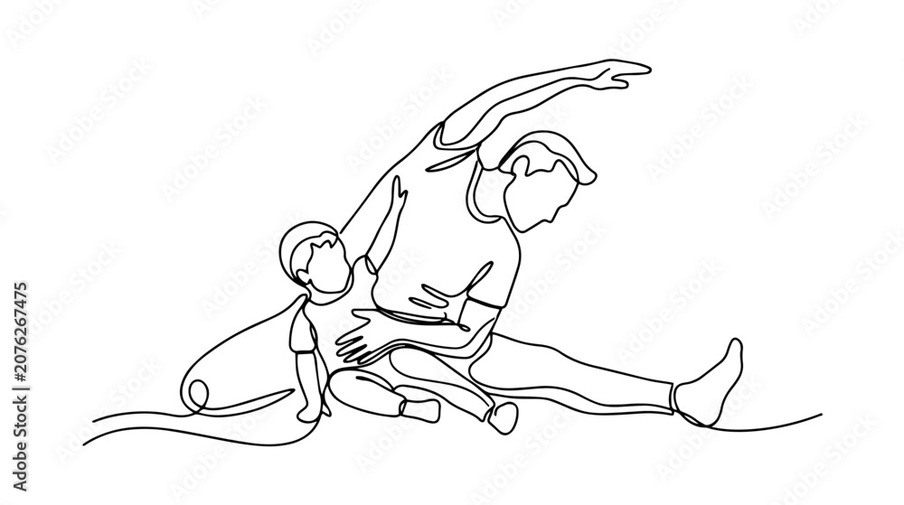 Obraz premium Continuous one line drawing of a father and child doing stretching exercises. Family fitness and healthy lifestyle concept vector illustration