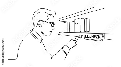 Man checking price on supermarket shelf. Continuous line art drawing of smart shopping and retail. Minimalist outline illustration