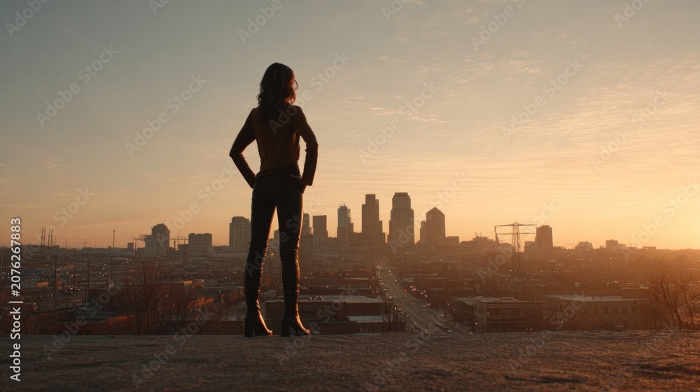Fototapeta premium Woman overlooking city skyline at sunset