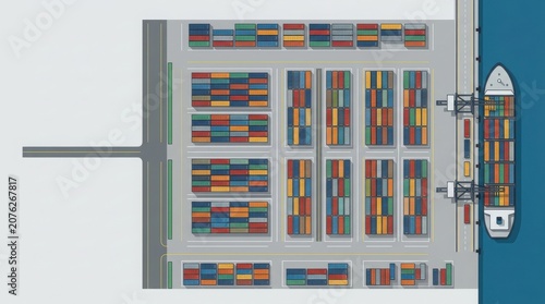 Stacked colorful shipping containers at busy cargo port with cranes in industrial setting