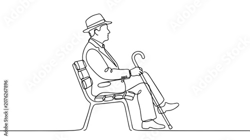 Senior man sitting on park bench with walking stick. Continuous one line drawing. Minimalist vector illustration