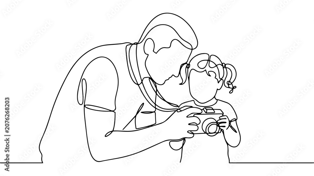 Obraz premium Father and daughter taking a picture with a camera. Continuous one line drawing illustration