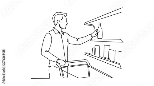 Continuous one line drawing of a man shopping in a supermarket. Minimalist line art illustration of a customer with a cart