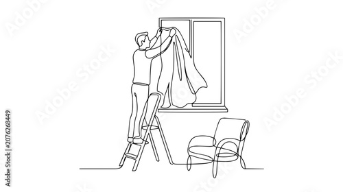 Man standing on ladder hanging curtains. Continuous one line drawing illustration