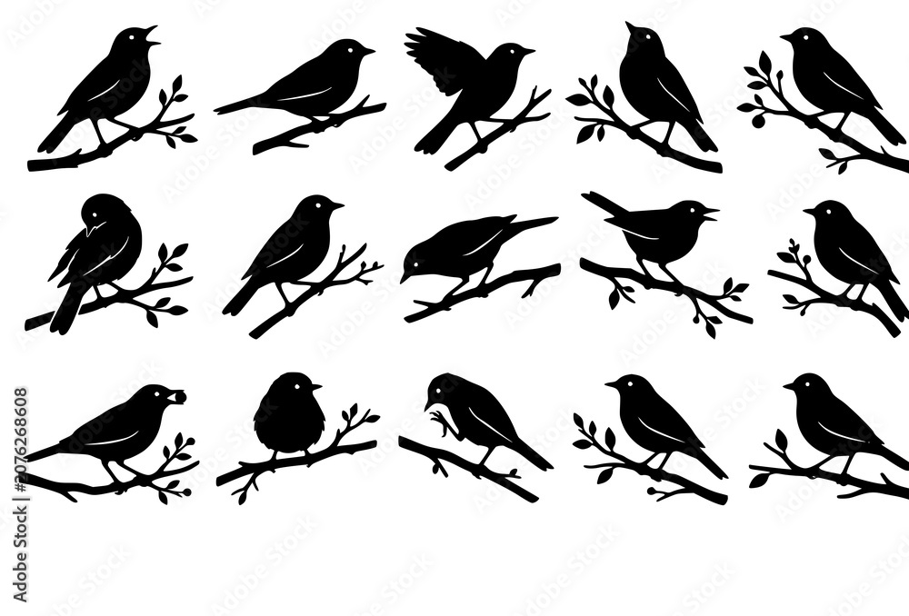 Fototapeta premium Song Bird Silhouettes on Tree Branches Vector Collection for Nature Design