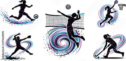 Canvas Print Set of female athletes in action, diverse sports silhouettes with dynamic colorful swirls, vector illustrations for fitness and team concepts