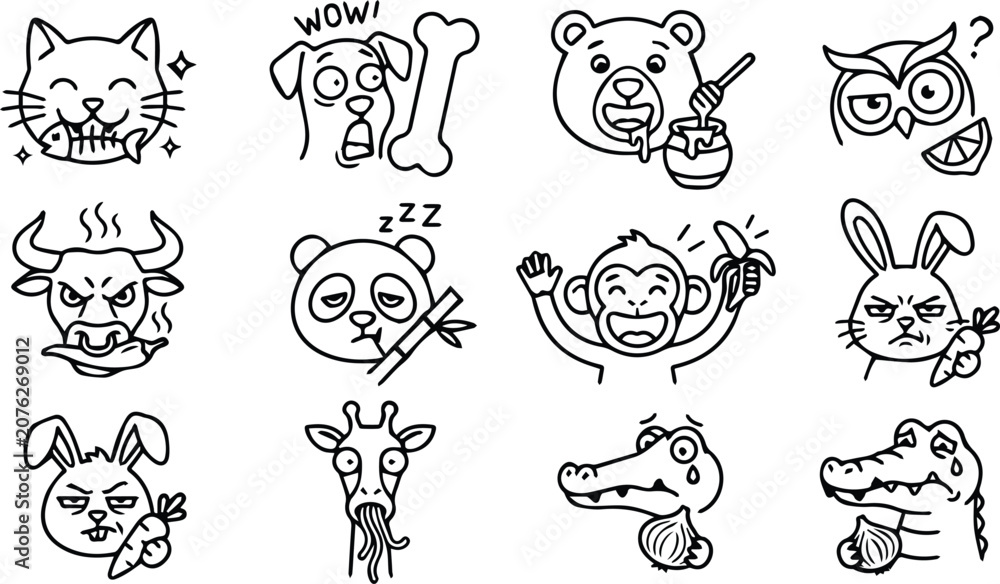 Fototapeta premium Set of 12 Cartoon Cat Emoticon Icons Vector