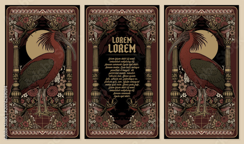 Bild auf Leinwand Northern Bald Ibis Victorian Gothic Botanical Frame Art Nouveau Book Cover Vinta
