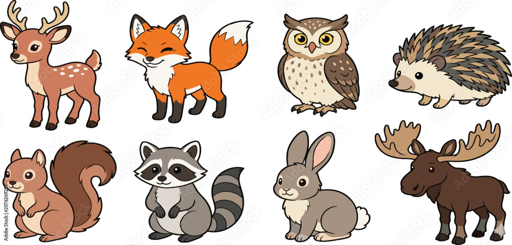 Fototapeta premium Collection of cute forest animals, woodland creatures including deer, fox, owl, hedgehog, squirrel, raccoon, rabbit, moose, flat vector illustration