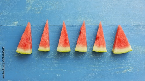 hydrating. Juicy watermelon slices arranged on a blue wooden surface, creating a refreshing visual. menu design, packaging mockups, designed for food delivery and cloud-kitchen brand materials.