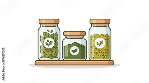 Herbs and Spices in Glass Jars on Shelf, Organic Food Storage, Kitchen Ingredients