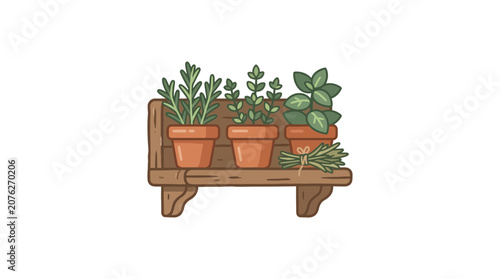 Herbs in terracotta pots on a wooden shelf, illustration