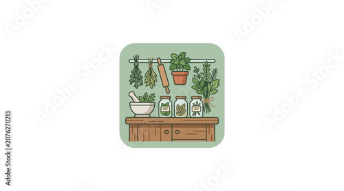 Herbalist Kitchen Setup: Mortar, Pestle, Jars with Herbs, Rolling Pin, Hanging Plants