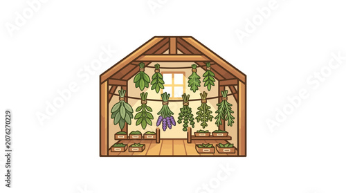 Herbal drying shed with bundles of herbs hanging and on shelves, natural remedy storage