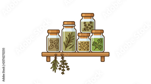 Herbs and Spices in Jars on Shelf, Dried Botanicals, Culinary Ingredients