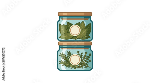 Two Glass Jars with Dried Herbs: Basil and Rosemary, Isolated on White Background