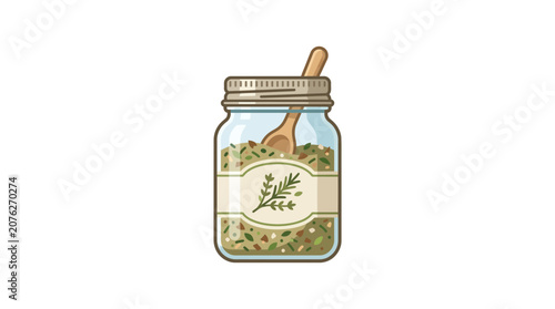 Herbs in a Jar with Wooden Spoon Illustration