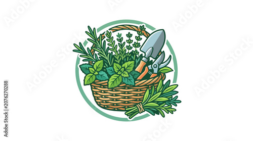 Fresh Herbs Basket with Gardening Tools, Organic Produce Illustration