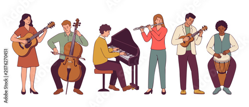 Φωτογραφία Musicians playing musical instruments band vector illustration of diverse people