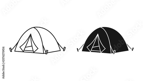 Foto Camping Tent Outline and Silhouette: A minimalist representation of a camping tent, shown in both an outline and a solid silhouette form, perfect for outdoor adventure themes