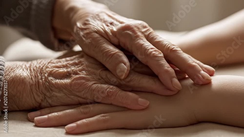 Young hand holding wrinkled hand of elderly person