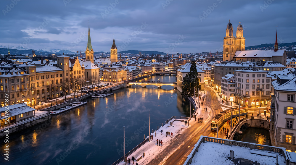 Obraz premium Zurich on banks of Limmat river at winter evening